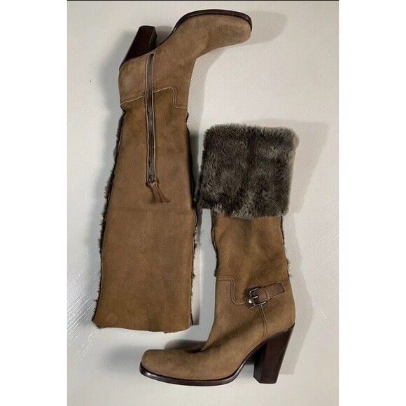 PRADA MIU MIU Brown Suede & Shearling Lining Tall Winter Heel Boots Women Sz 36 - Picture 4 of 10